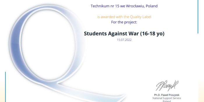 Krajowa Odznaka Jakości dla uczniów i nauczycieli T15 za ubiegłoroczny projekt eTwinning Students Againt War!